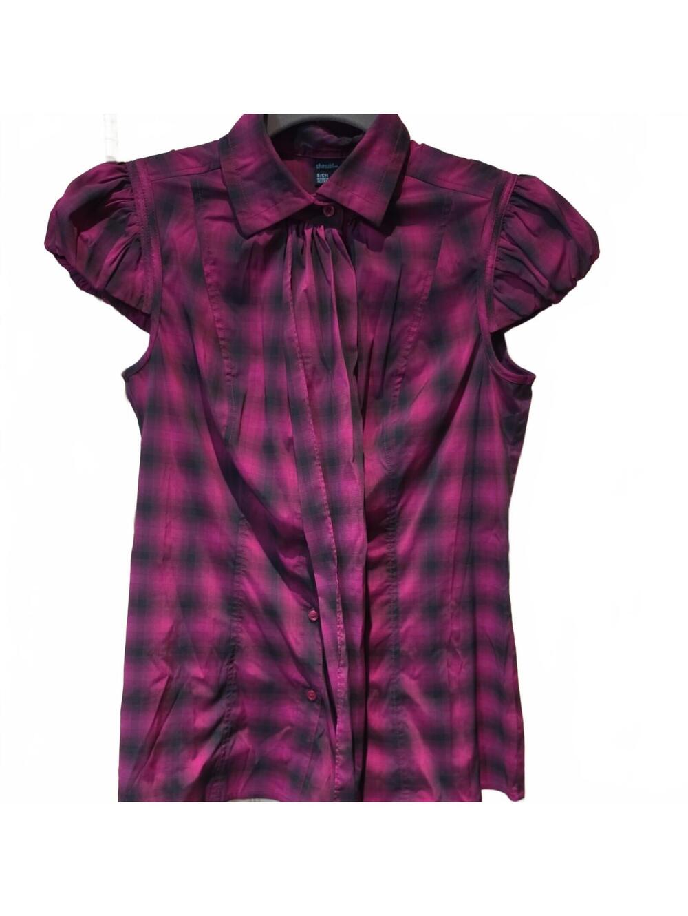 She Said Pink And Black Plaid Hidden Button Up With Puffy Sleeves Y2K office